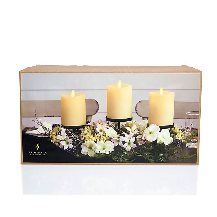 slide 3 of 5, Luminara Spring Centerpiece with Three LED Pillar Candles, 4 in