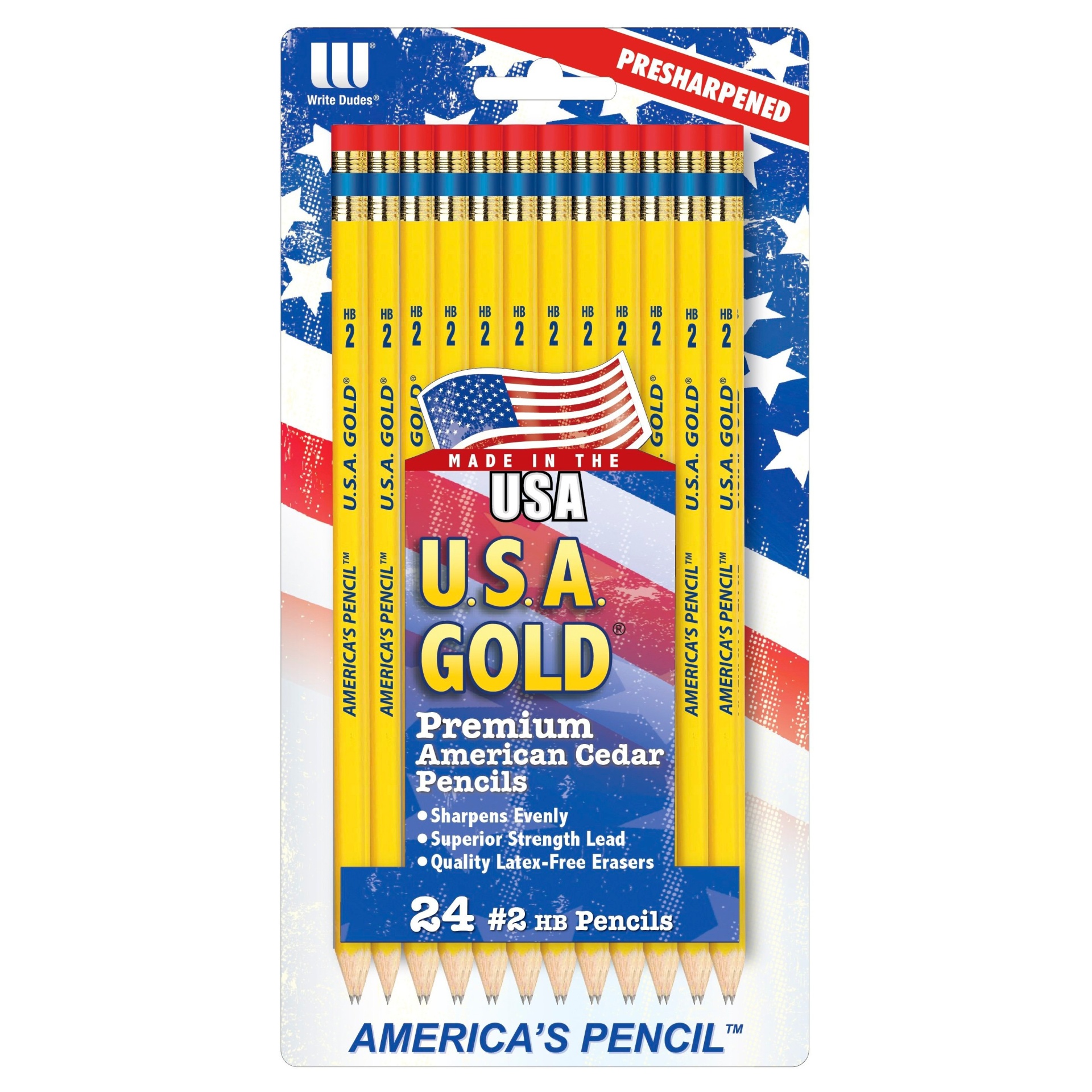 slide 1 of 2, Write Dudes #2 HB Pencils 2mm Pre-sharpened Premium American Wood Yellow - U.S.A. Gold, 24 ct