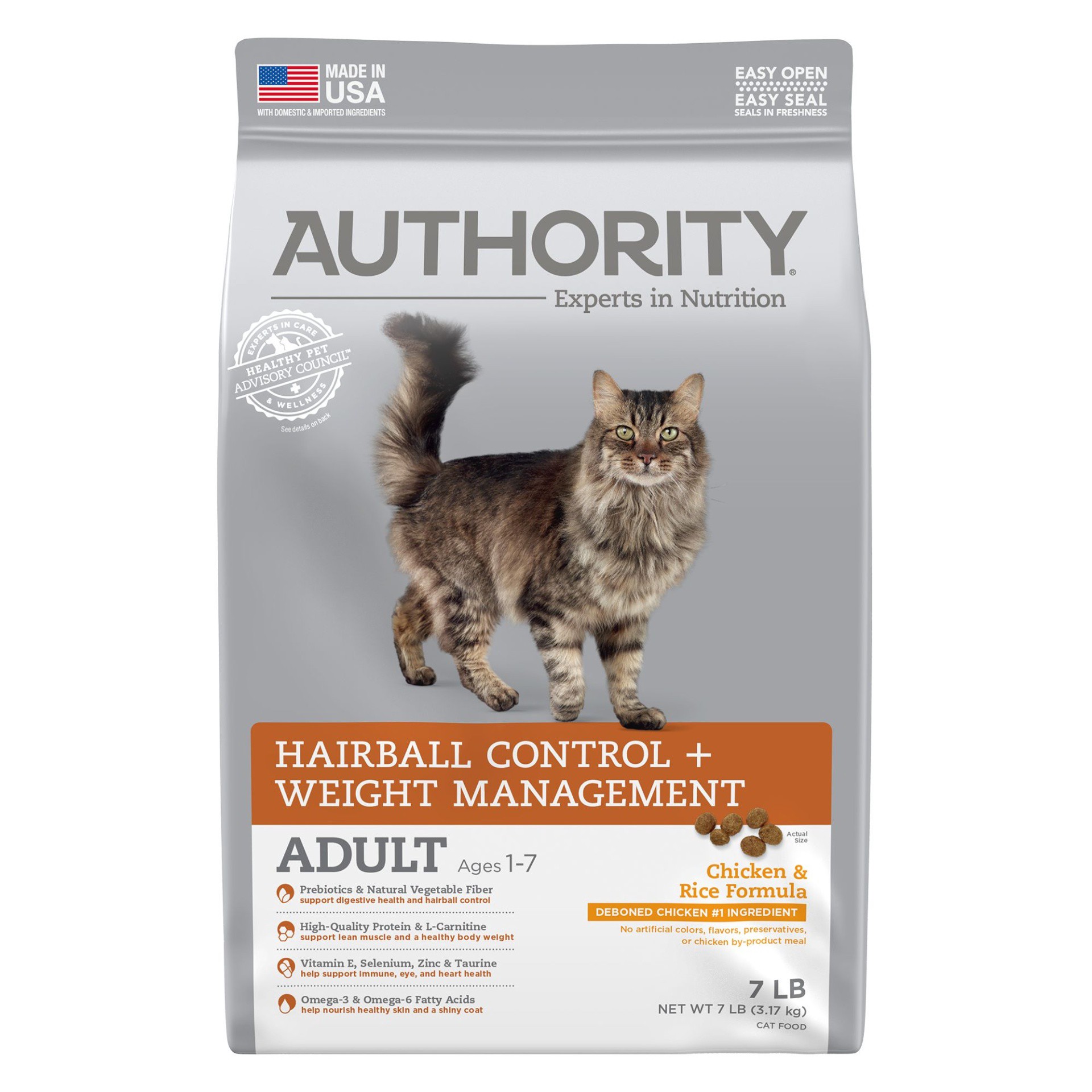 slide 1 of 1, Authority Hairball Control & Healthy Weight Indoor Cat Dry Food - Chicken & Rice, With-Grain, 7 lb