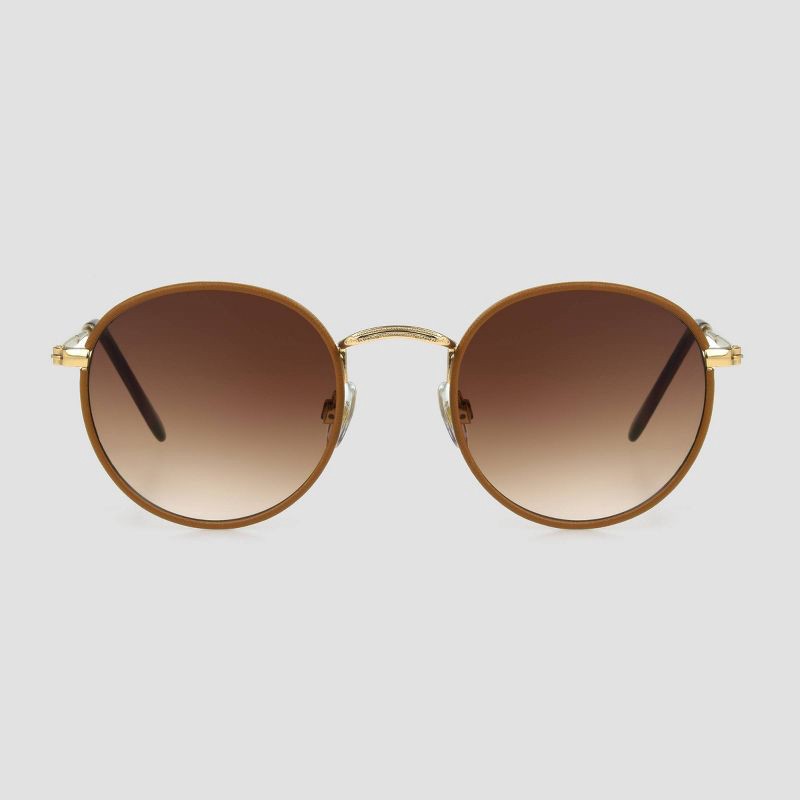 slide 1 of 2, Women's Vegan Leather Wrapped Round Sunglasses - Universal Thread™ Caramel/Gold, 1 ct