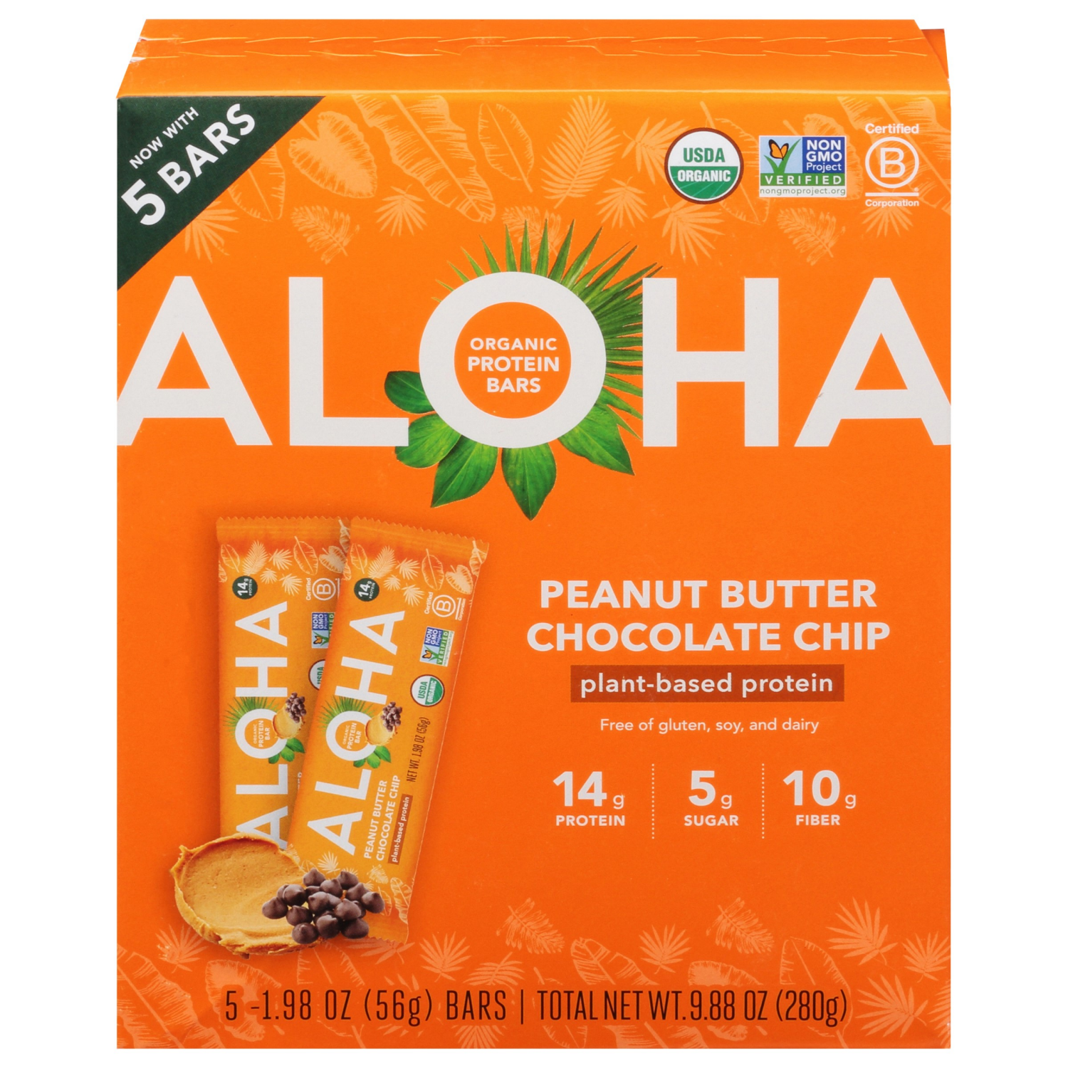 slide 1 of 7, Aloha Organic Protein Bars Peanut Butter Chocolate Chip, 5 ct; 1.98 oz