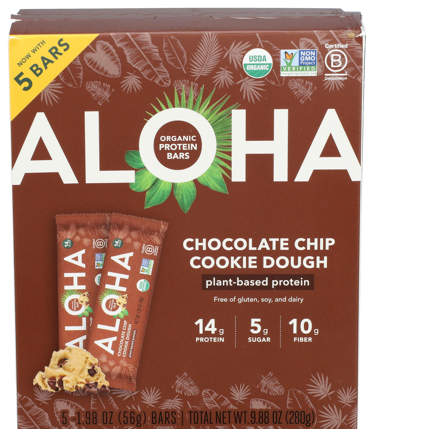 slide 1 of 2, Aloha Organic Chocolate Chip Cookie Dough Protein Bars Bars - 5 ct, 5 ct