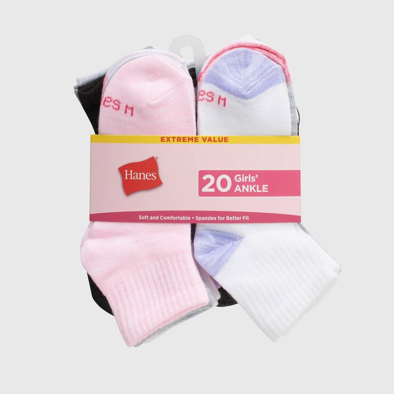 slide 2 of 4, Hanes Girls' 20pk Ankle Socks - Colors May Vary S, 20 ct