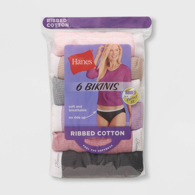 slide 4 of 4, Hanes Women's 6pk Cotton Ribbed Heather Bikini Underwear - Colors May Vary 9, 6 ct