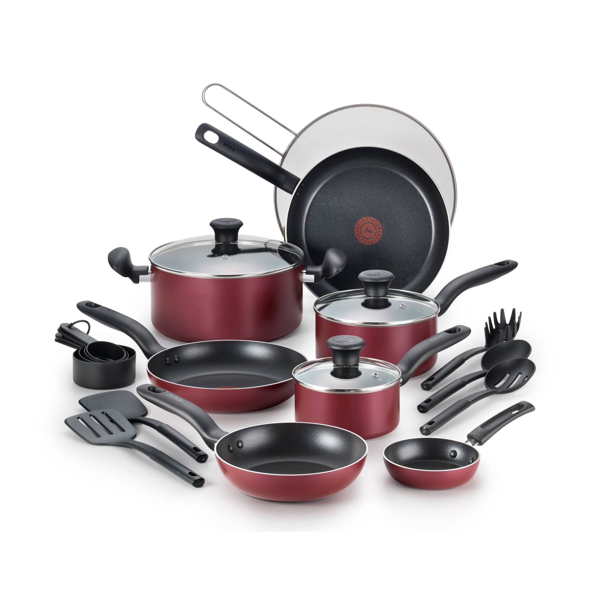 slide 1 of 4, T-fal Initiatives Nonstick Cookware Set Red, 20 ct