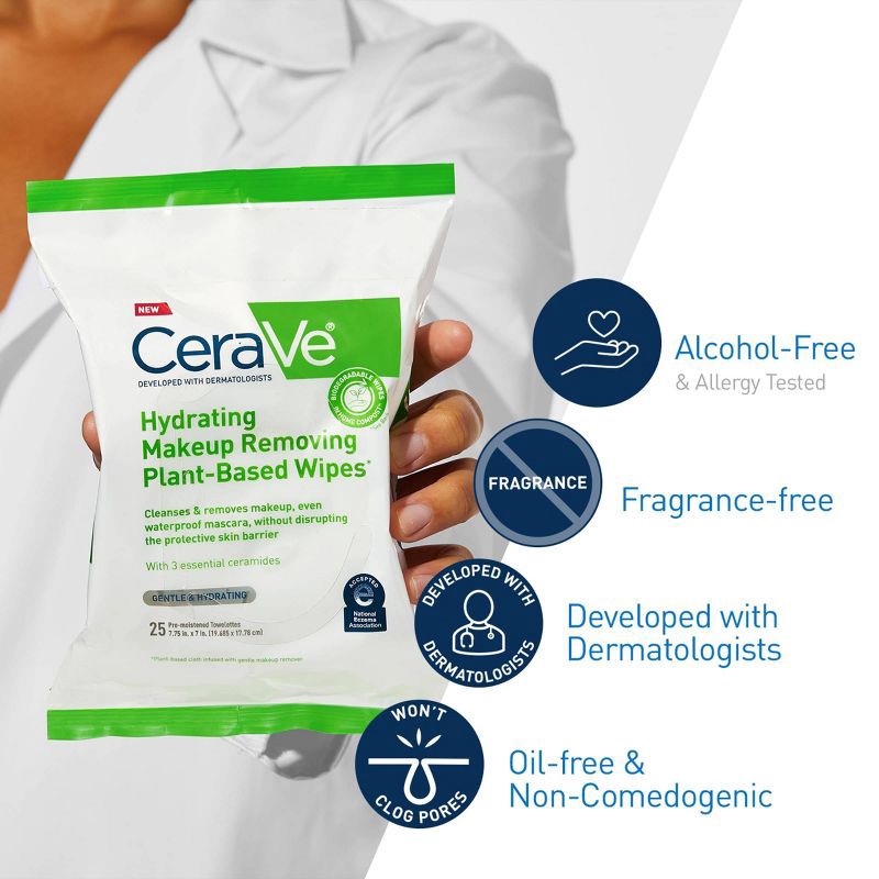 slide 3 of 17, CeraVe Hydrating Makeup Remover Wipes, Plant Based Facial Cleansing Wipes for Sensitive Skin, Fragrance-Free - 25ct, 25 ct
