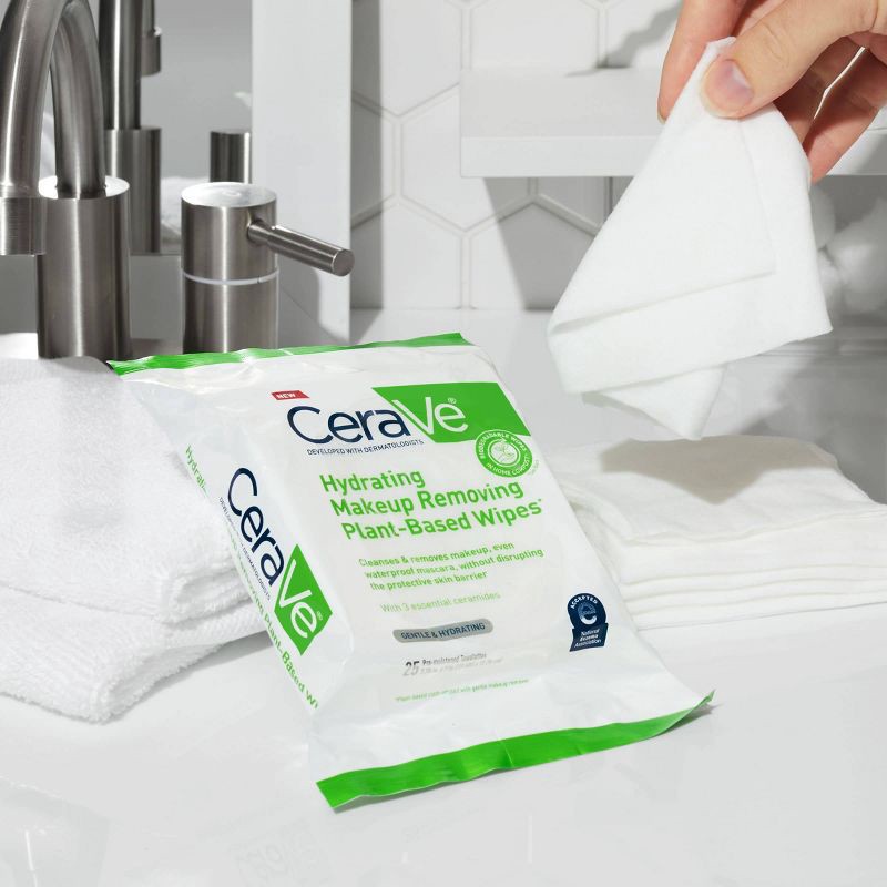 slide 15 of 17, CeraVe Hydrating Makeup Remover Wipes, Plant Based Facial Cleansing Wipes for Sensitive Skin, Fragrance-Free - 25ct, 25 ct