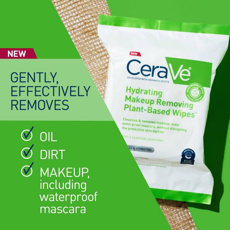 slide 5 of 17, CeraVe Hydrating Makeup Remover Wipes, Plant Based Facial Cleansing Wipes for Sensitive Skin, Fragrance-Free - 25ct, 25 ct