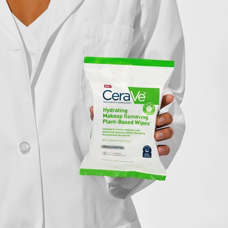 slide 10 of 17, CeraVe Hydrating Makeup Remover Wipes, Plant Based Facial Cleansing Wipes for Sensitive Skin, Fragrance-Free - 25ct, 25 ct