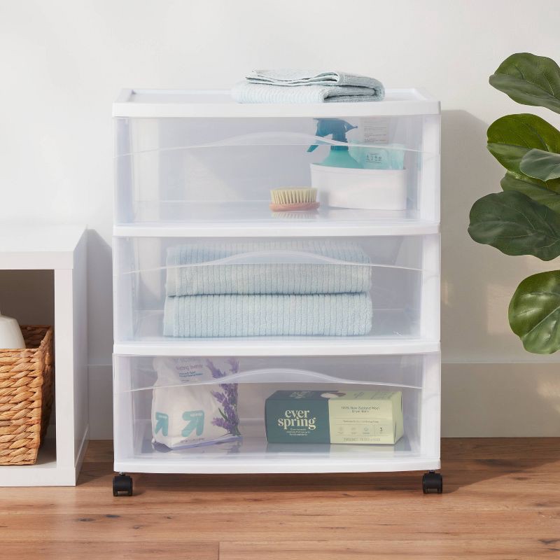 slide 2 of 5, 3 Drawer Wide Cart White - Brightroom™: Plastic Storage Drawers, Utility Cart with Casters, Portable Universal Storage, 1 ct