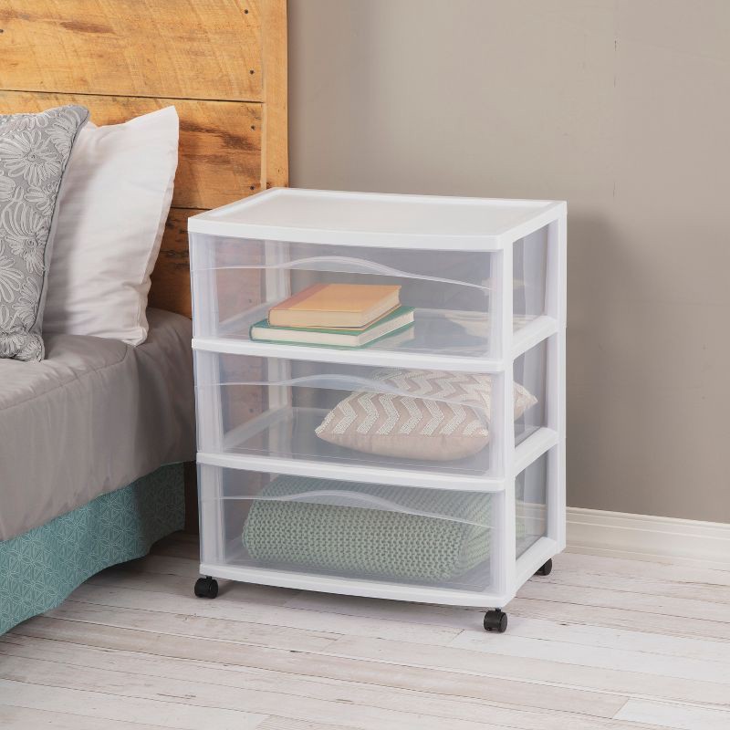 slide 4 of 5, 3 Drawer Wide Cart White - Brightroom™: Plastic Storage Drawers, Utility Cart with Casters, Portable Universal Storage, 1 ct