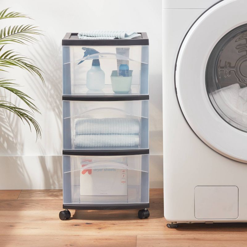 slide 2 of 5, 3 Drawer Medium Cart Black - Brightroom™: Plastic Storage Drawers with Casters, Portable Utility Storage, No Assembly Required, 1 ct