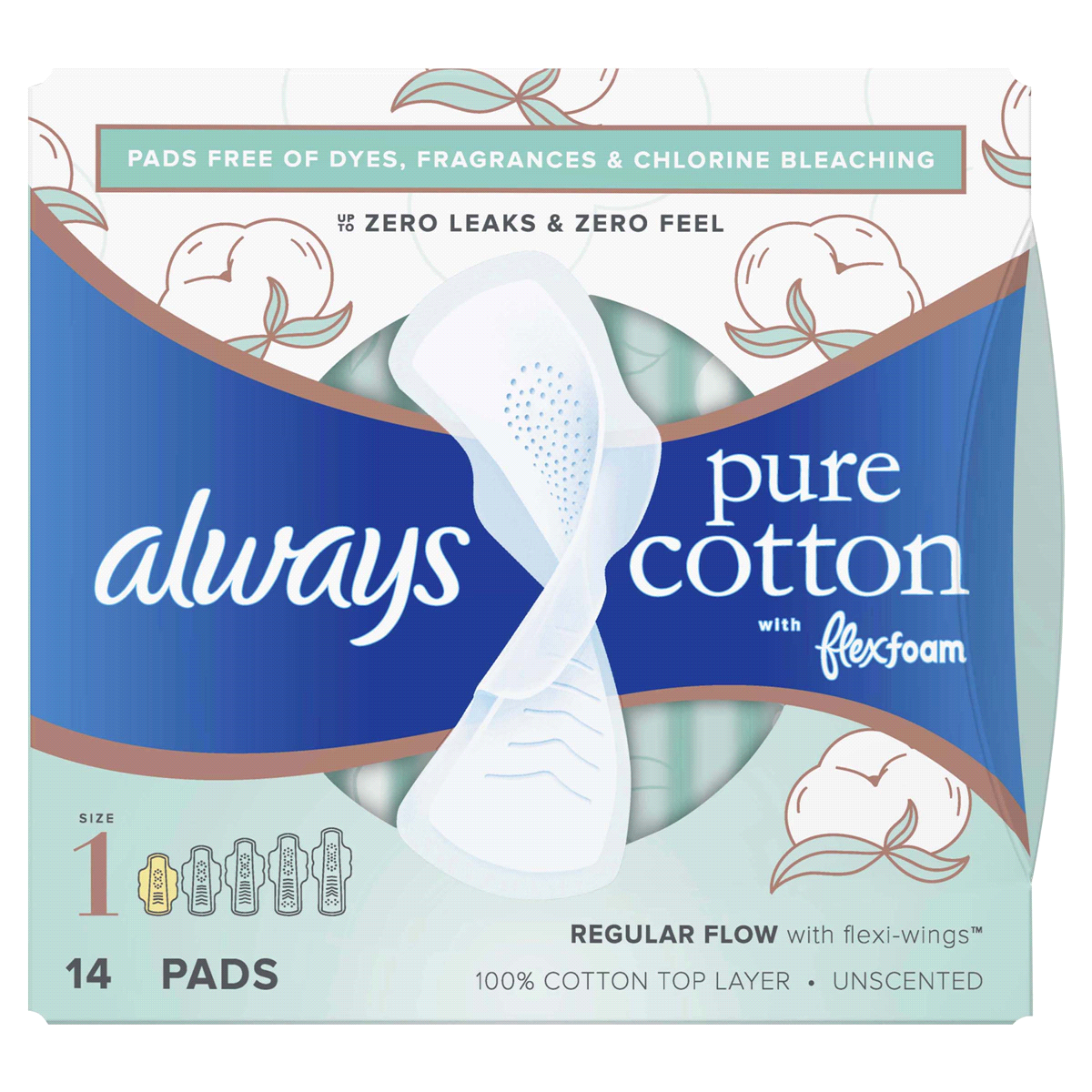 slide 1 of 9, Always Pure Cotton With Wings Size 1 Regular Unscented, 14 ct