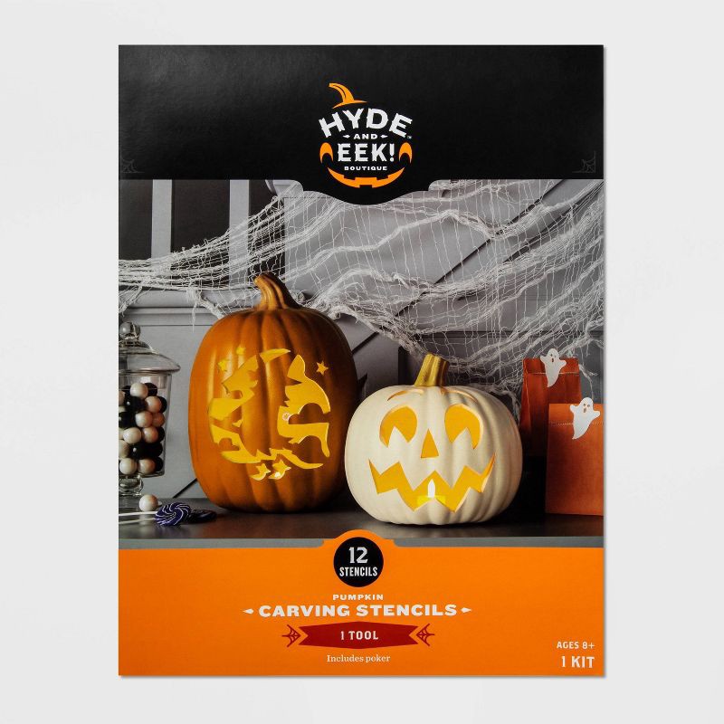 slide 1 of 3, Halloween Pumpkin Carving 12ct Stencils Decorating Kit with Tool - Hyde and EEK! Boutique™: Unique Designs & Tools for Fun Carving, 12 ct