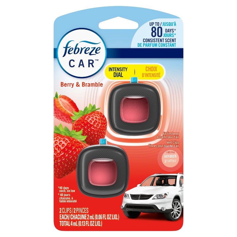 slide 9 of 10, Febreze Car Air Freshener Vent Clip - Berry & Bramble - 0.13 fl oz/2pk, 2 ct; 0.13 fl oz