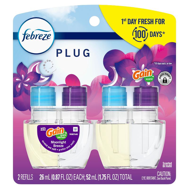 slide 9 of 13, Febreze Odor-Fighting Fade Defy Plug Air Freshener Refill - Gain Moonlight Breeze - 0.87 fl oz/2pk, 2 ct; 0.87 fl oz