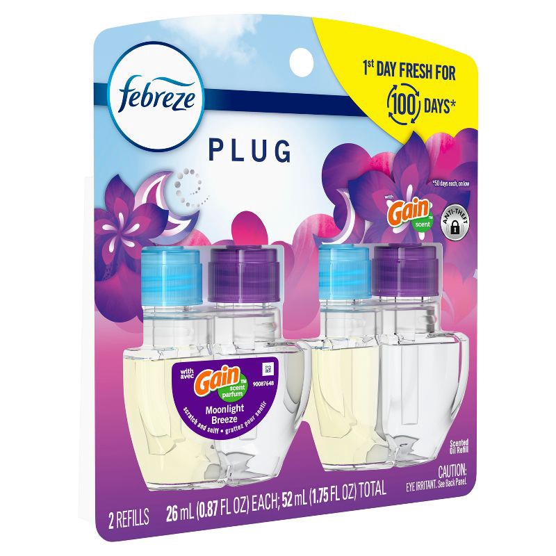 slide 10 of 13, Febreze Odor-Fighting Fade Defy Plug Air Freshener Refill - Gain Moonlight Breeze - 0.87 fl oz/2pk, 2 ct; 0.87 fl oz