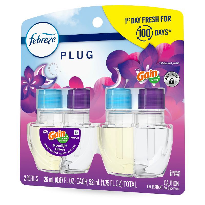 slide 11 of 13, Febreze Odor-Fighting Fade Defy Plug Air Freshener Refill - Gain Moonlight Breeze - 0.87 fl oz/2pk, 2 ct; 0.87 fl oz