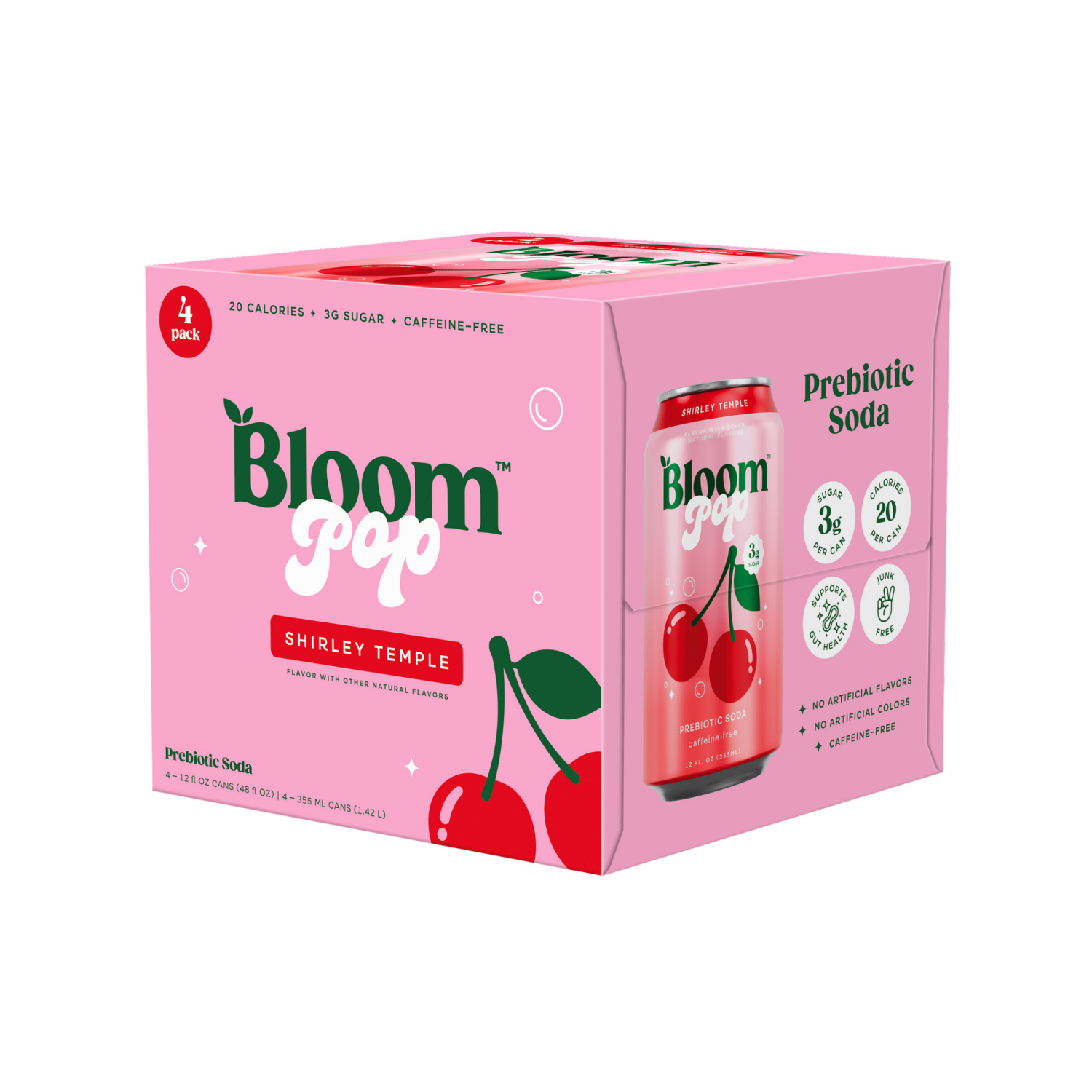 slide 1 of 7, Bloom Pop Shirley Temple Prebiotic Soda, 12 Fl Oz Cans, 4 Pack, 4 ct; 12 fl oz