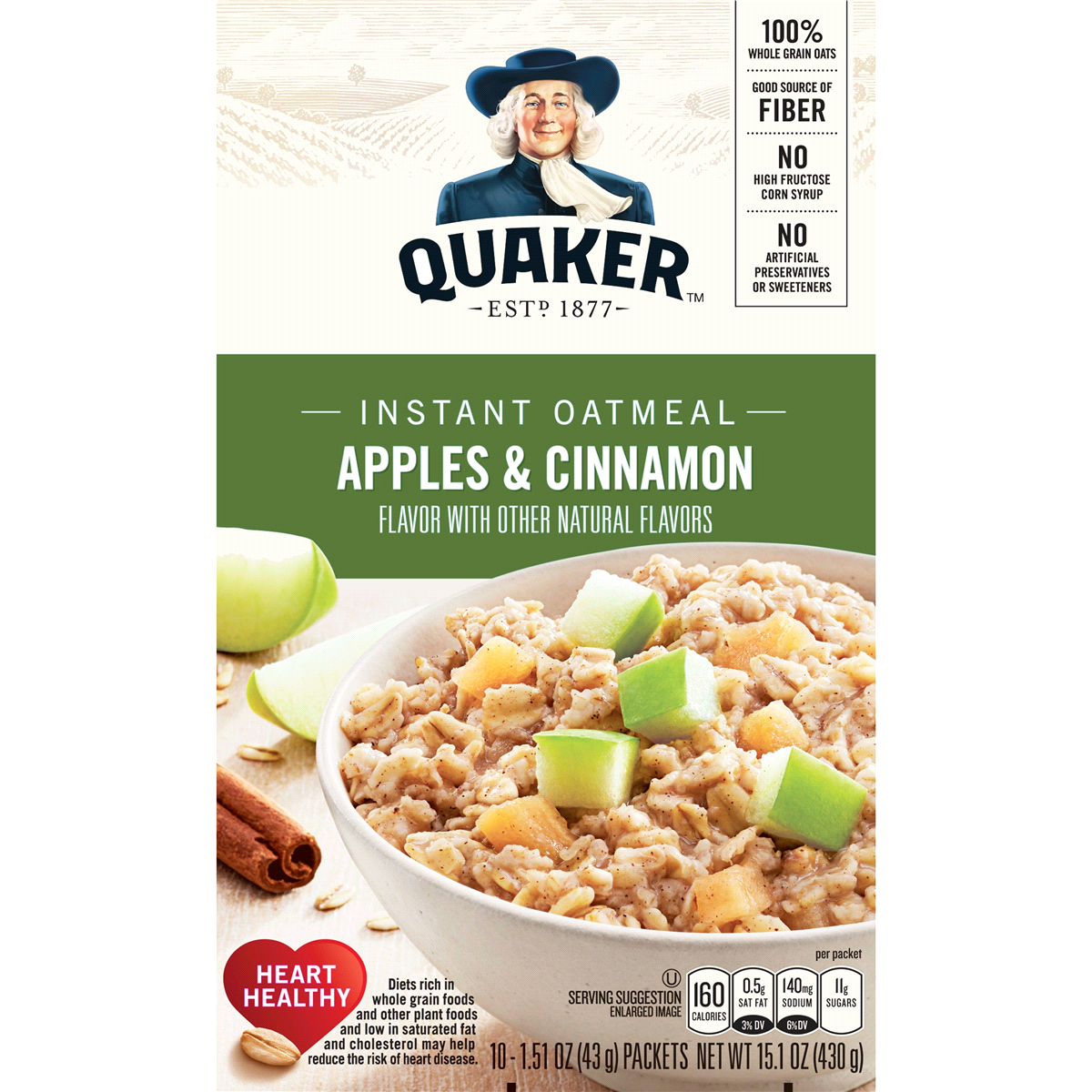 slide 1 of 1, Quaker Instant Oatmeal Apples & Cinnamon, 10 ct; 1.51 oz