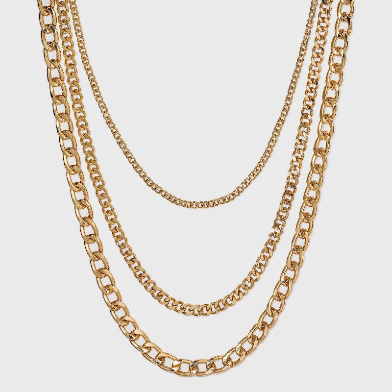 slide 1 of 3, 16" Layered Curb Chain Necklace - A New Day™ Gold: Nickel-Free Metal, Lobster Claw Clasp, 15" Length, 1 ct