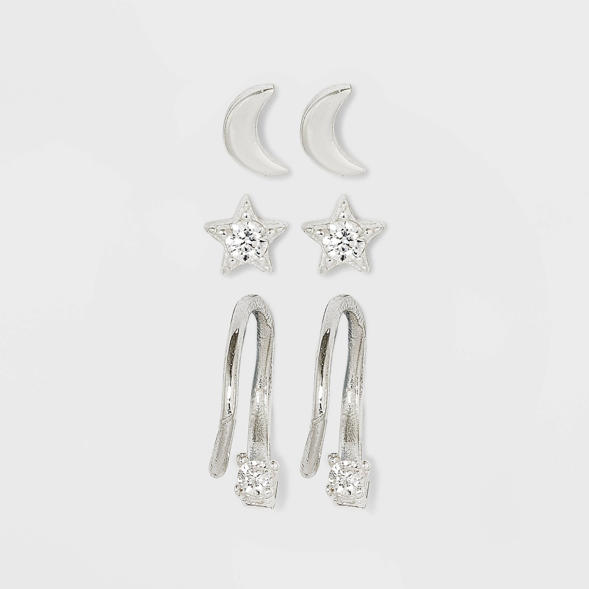 slide 1 of 2, Sterling Silver Star Stud Cubic Zirconia Moon and Endless Hoop Earring Set 3pc - A New Day, 3 ct