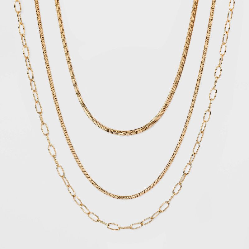 slide 1 of 2, Round Flat Multi-Strand Snake Chain Necklace - A New Day™ Gold: Brass, Lobster Claw Clasp, 16" Length, 1 ct