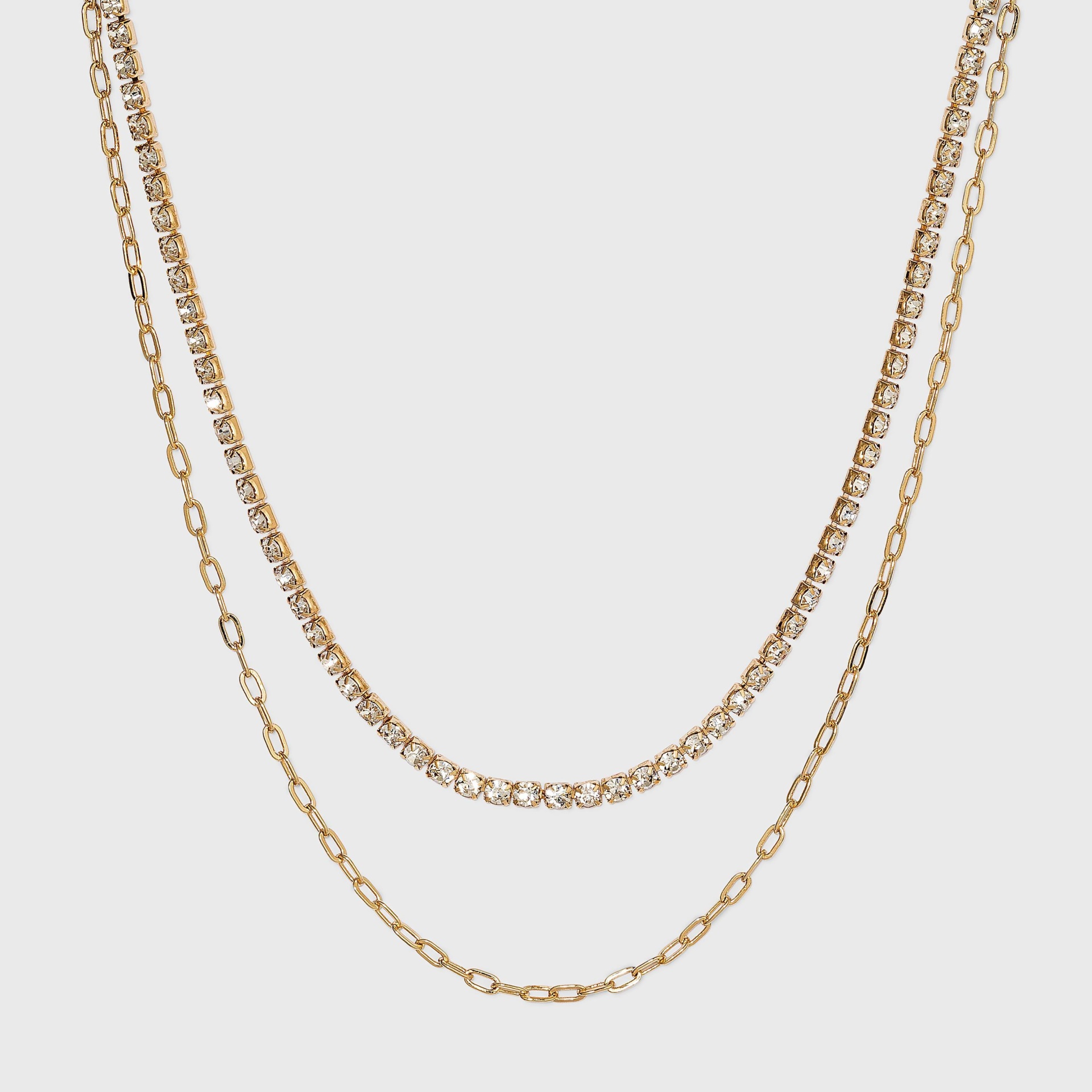 slide 1 of 3, Two Row Rhinestone Chain Necklace - A New Day Gold, 1 ct