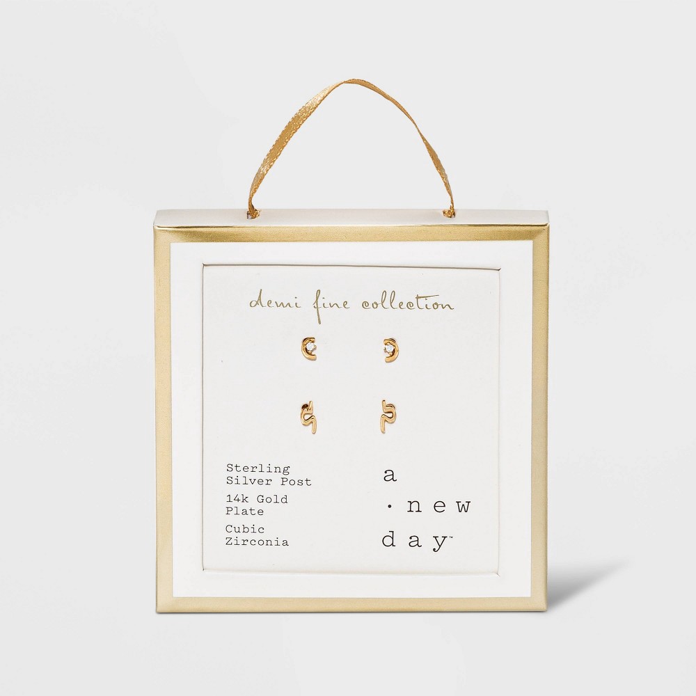 slide 3 of 5, 14K Gold Plated Cubic Zirconia Geometric Duo Stud Earrings - A New Day, 1 ct