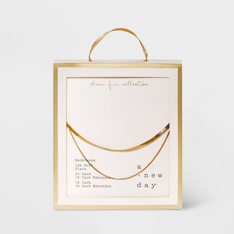 slide 3 of 3, 14K Gold Plated Duo Herringbone Chain Necklace Set 2pc - A New Day™: Nickel-Free, Lobster Claw Clasp, 2 ct