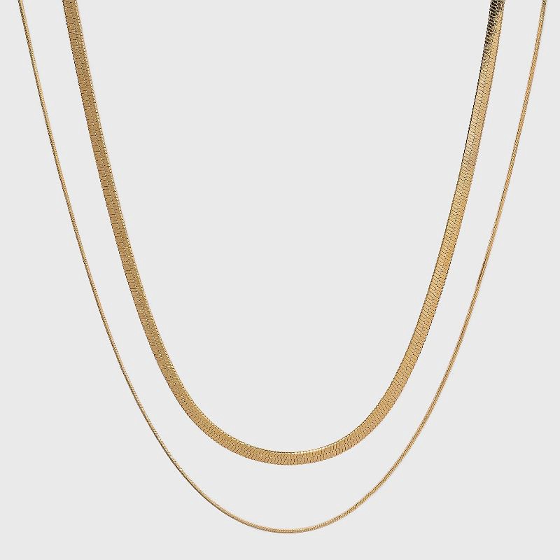 slide 1 of 3, 14K Gold Plated Duo Herringbone Chain Necklace Set 2pc - A New Day™: Nickel-Free, Lobster Claw Clasp, 2 ct