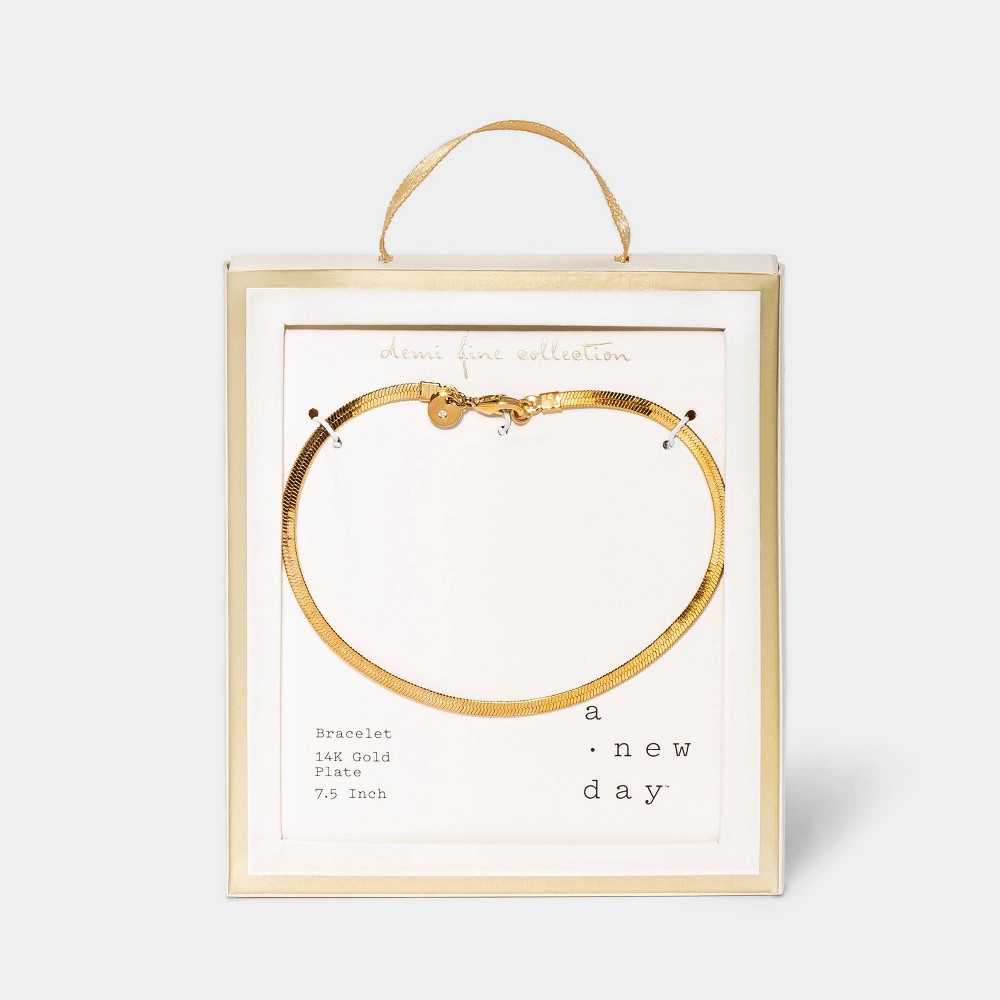 slide 4 of 5, 14K Gold Plated Herringbone Chain Bracelet - A New Day, 1 ct