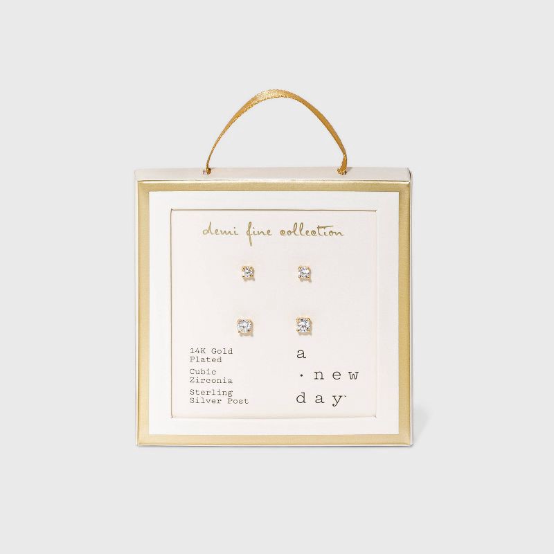 slide 3 of 3, 14K Gold Plated Cubic Zirconia Duo Stud Earring Set 2pc - A New Day™: Polished Nickel-Free Metal, 2 ct