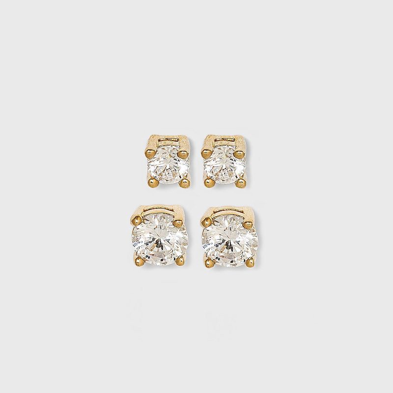 slide 1 of 3, 14K Gold Plated Cubic Zirconia Duo Stud Earring Set 2pc - A New Day™: Polished Nickel-Free Metal, 2 ct