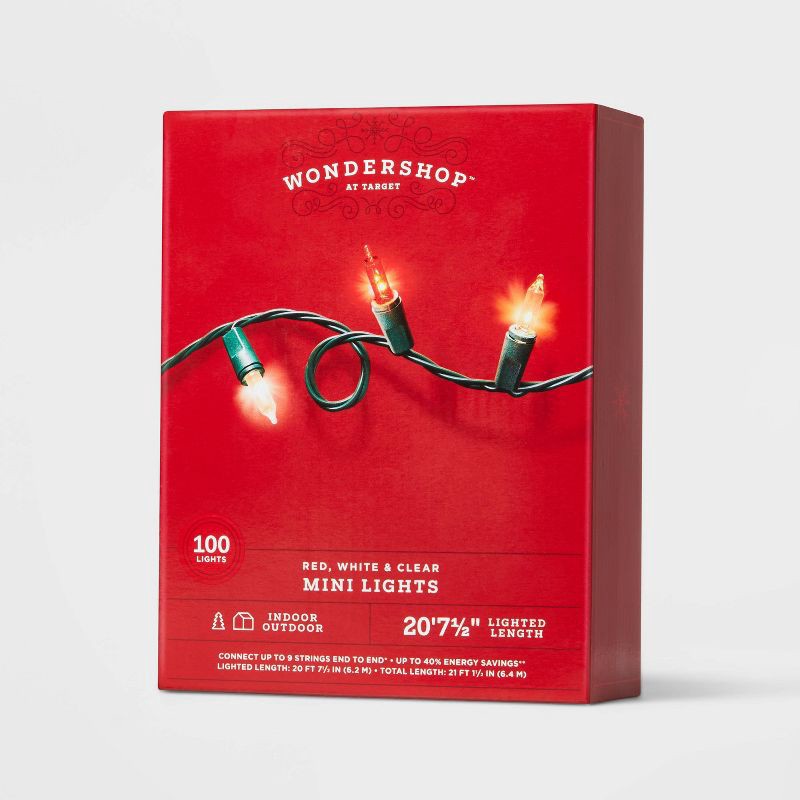 slide 4 of 5, 100ct Incandescent Smooth Mini Christmas String Lights Red/White/Clear with Green Wire - Wondershop™, 100 ct
