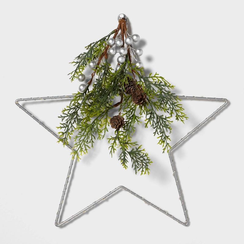 slide 4 of 4, Lit LED Hanging Star with Christmas Greenery Silver - Wondershop™: 14-Inch, Battery Operated, Indoor/Sheltered Outdoor Use, 1 ct