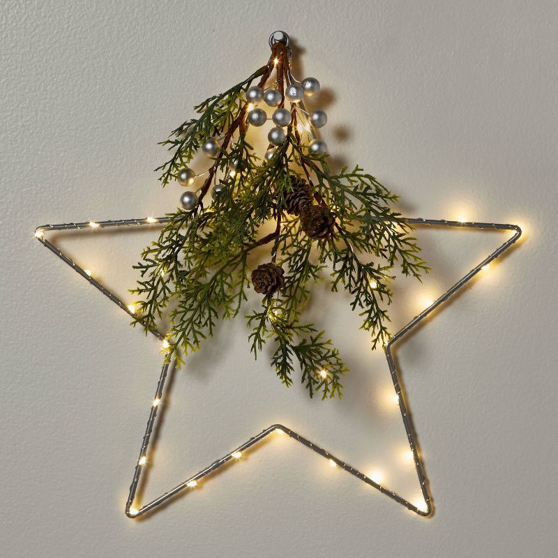 slide 1 of 4, Lit LED Hanging Star with Christmas Greenery Silver - Wondershop™: 14-Inch, Battery Operated, Indoor/Sheltered Outdoor Use, 1 ct