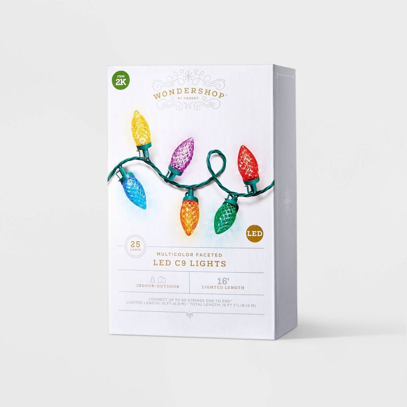 slide 4 of 5, 25ct LED C9 Faceted Christmas String Lights Multicolor with Green Wire - Wondershop™: Indoor/Outdoor Use, UL Listed, 25 ct
