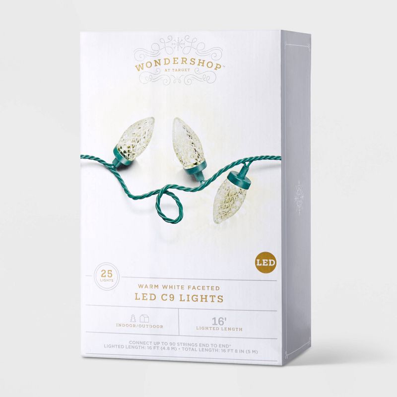slide 4 of 5, 25ct LED C9 Faceted Christmas String Lights Warm White with Green Wire - Wondershop™: Indoor/Outdoor, UL Listed, Electric, 25 ct
