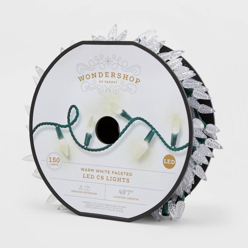 slide 4 of 5, 150ct LED C6 Faceted Christmas String Lights Warm White with Green Wire - Wondershop™: Indoor/Outdoor, UL Listed, Electric, 150 ct