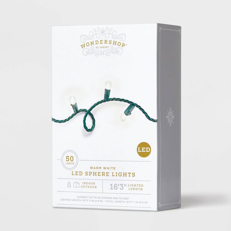 slide 4 of 5, 50ct LED Smooth Sphere Christmas String Lights Warm White with Green Wire - Wondershop™, 50 ct