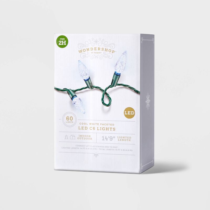 slide 4 of 5, 60ct LED C6 Faceted Christmas String Lights Cool White with Green Wire - Wondershop™: Indoor/Outdoor, UL Listed, Connectable, 60 ct