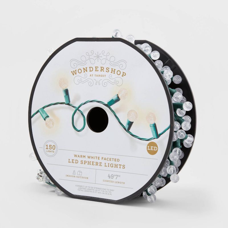 slide 4 of 5, 150ct LED Faceted Sphere Christmas String Lights Spool Warm White with Green Wire - Wondershop™: Indoor/Outdoor Holiday Decor, 150 ct