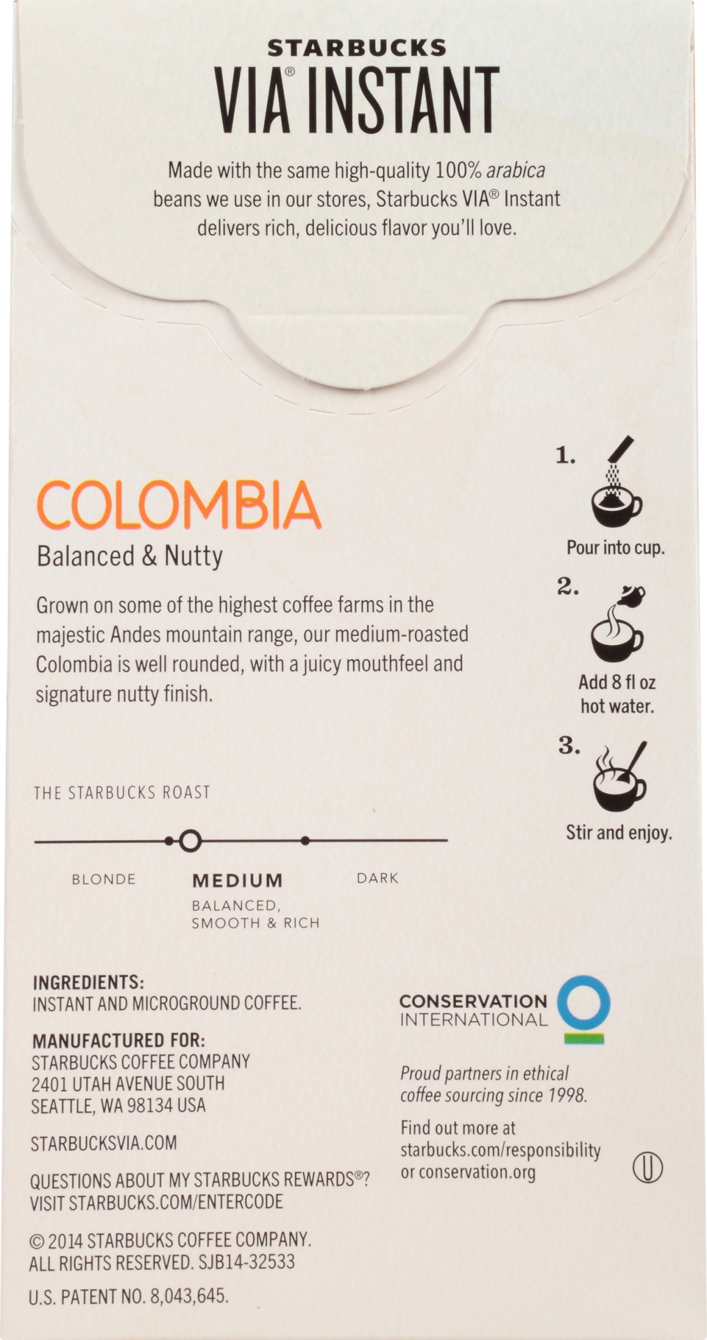 slide 6 of 7, Starbucks VIA Instant Coffee Medium Roast Packets — Colombia — 1 box (8 packets), 1 ct