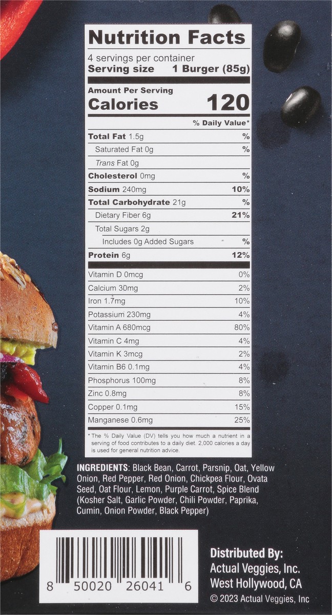 slide 14 of 14, Actual Veggies Black Bean Veggie Burger with Red Pepper & Caramelized Onion 4 - 3 oz Patties, 4 ct