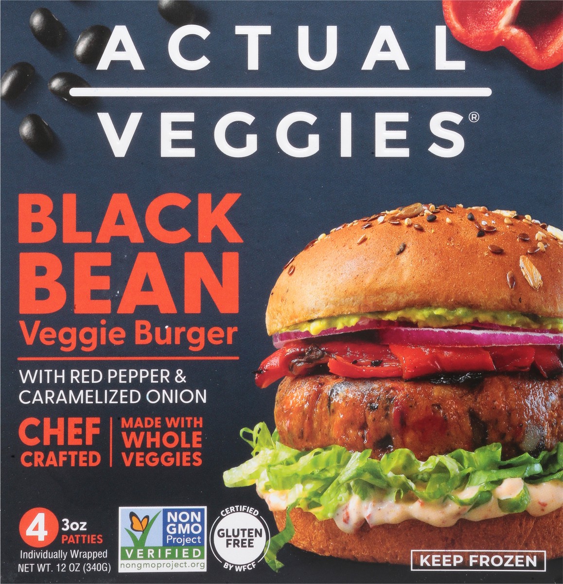 slide 3 of 14, Actual Veggies Black Bean Veggie Burger with Red Pepper & Caramelized Onion 4 - 3 oz Patties, 4 ct