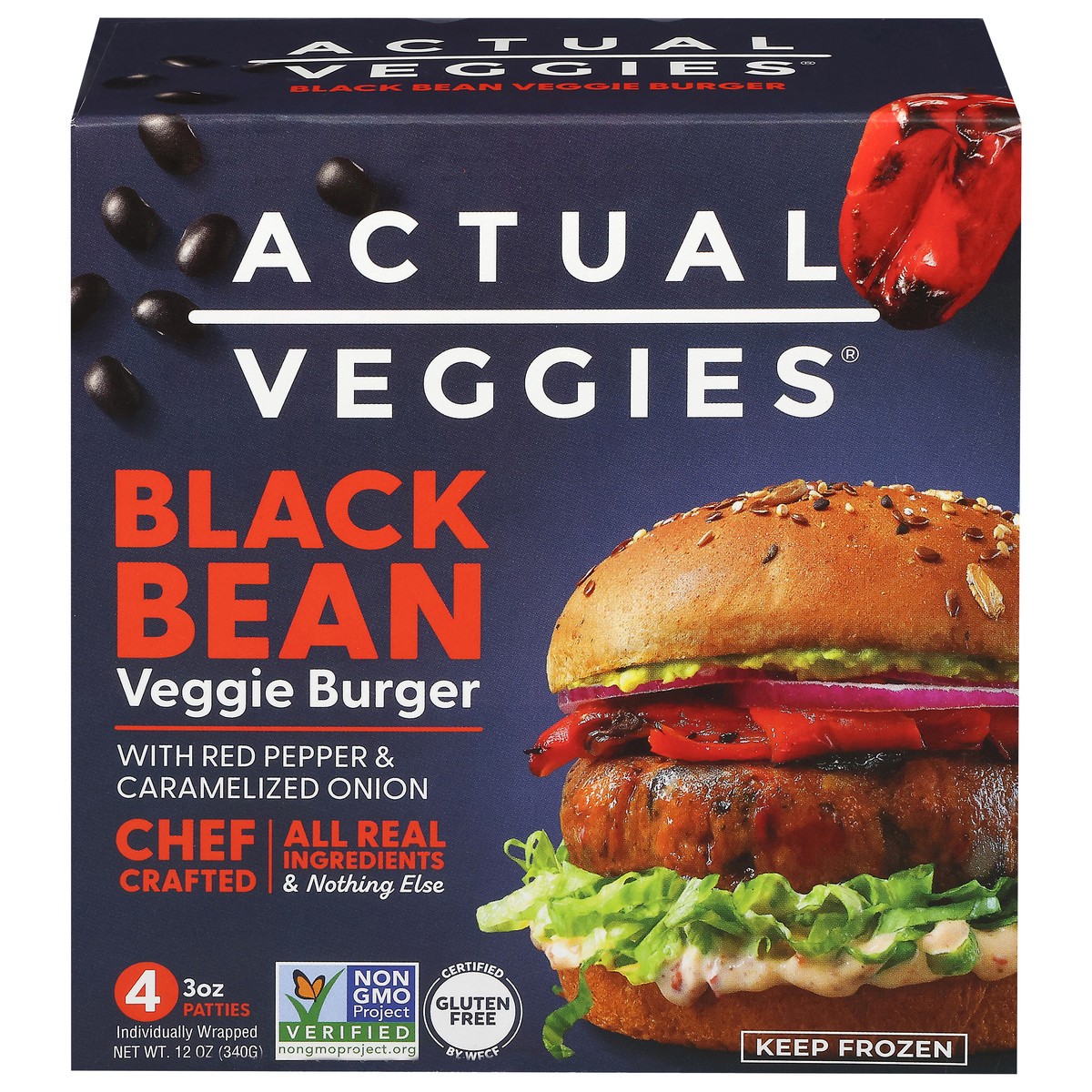 slide 1 of 14, Actual Veggies Black Bean Veggie Burger with Red Pepper & Caramelized Onion 4 - 3 oz Patties, 4 ct