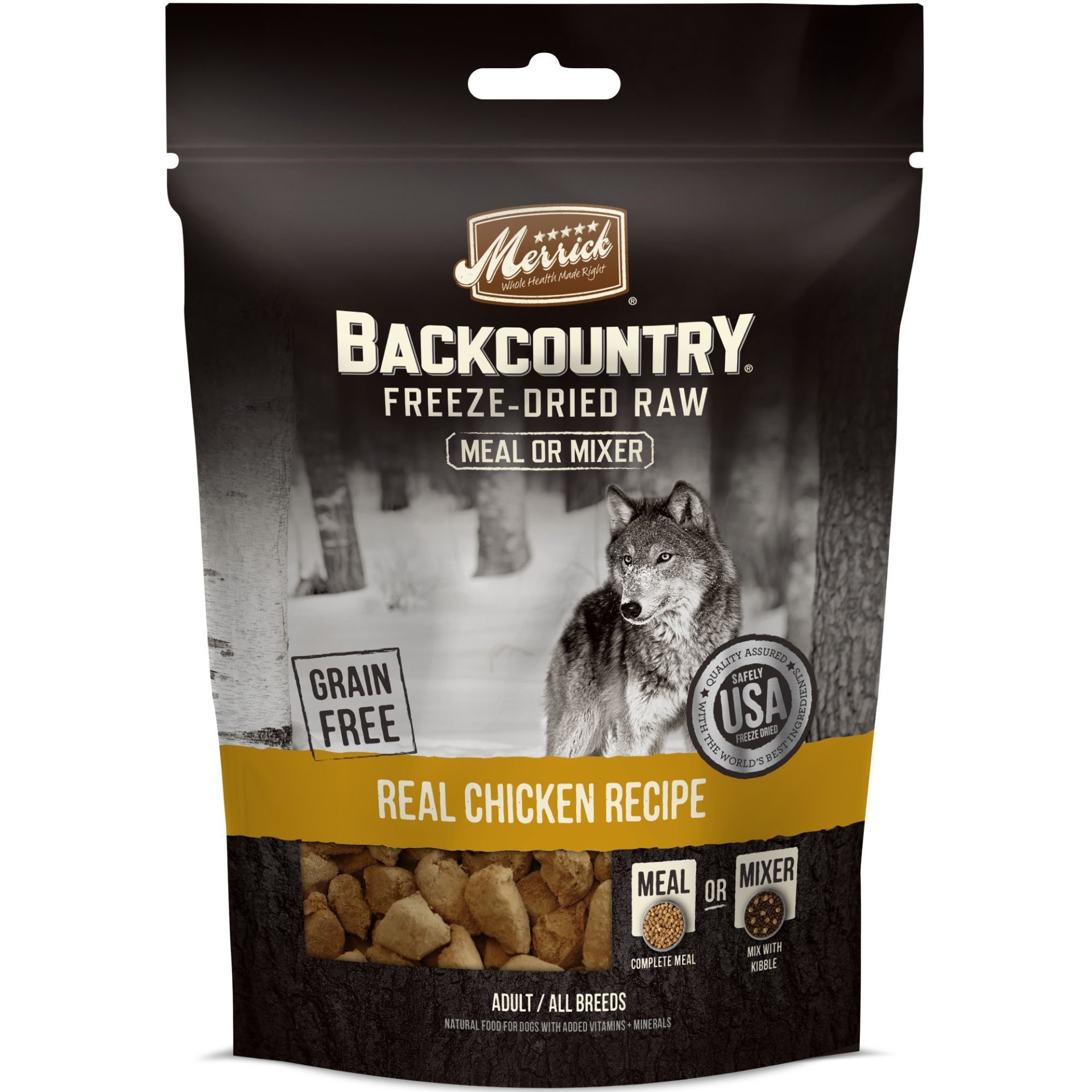 slide 1 of 1, Merrick Backcountry Freeze-Dried Raw Real Chicken Recipe Meal Or Mixer Grain Free Adult Dog Food, 5.5 oz
