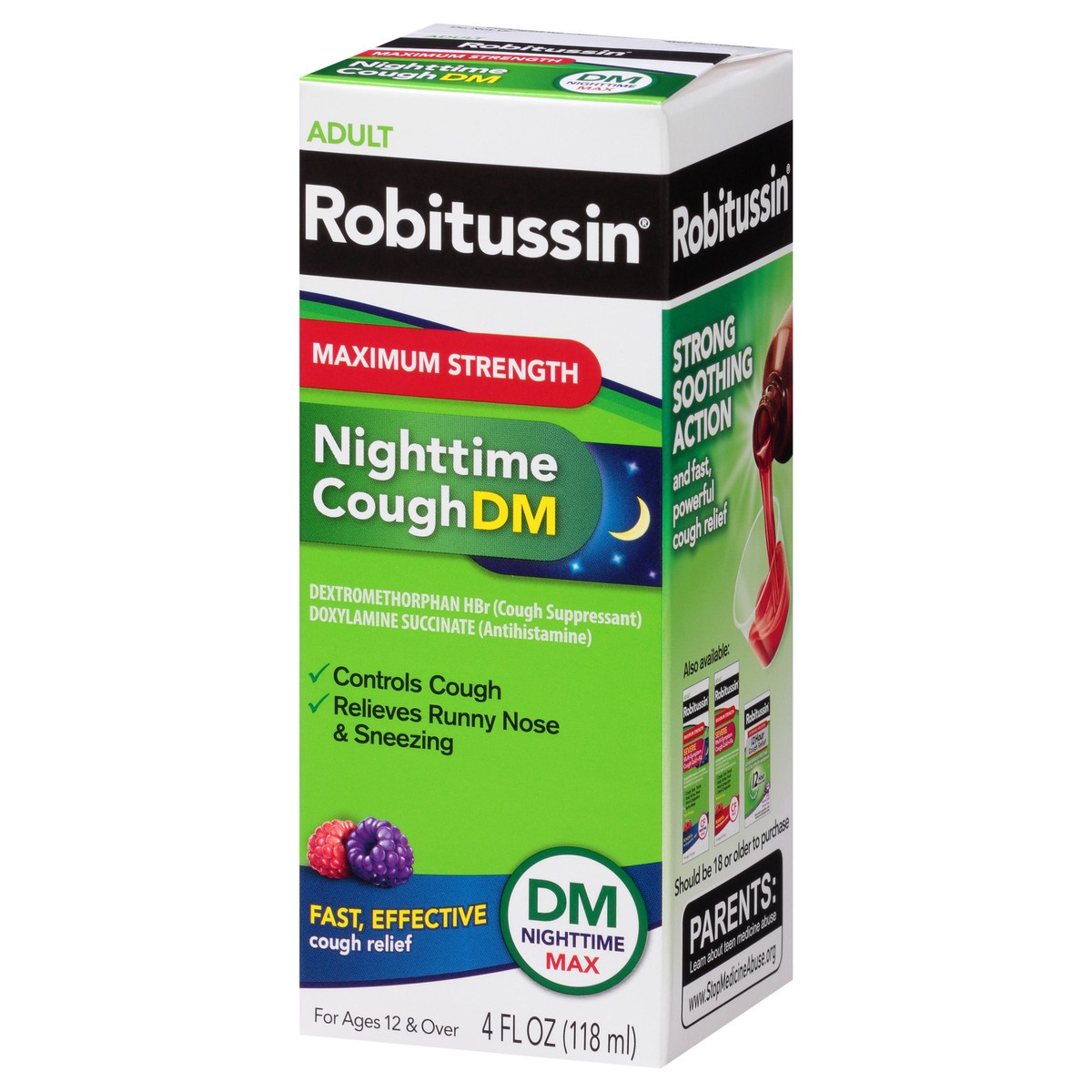 slide 5 of 9, Robitussin Maximum Strength Nighttime Cough DM, Cough Medicine for Adults, Berry Flavor - 4 Fl Oz Bottle, 4 fl oz