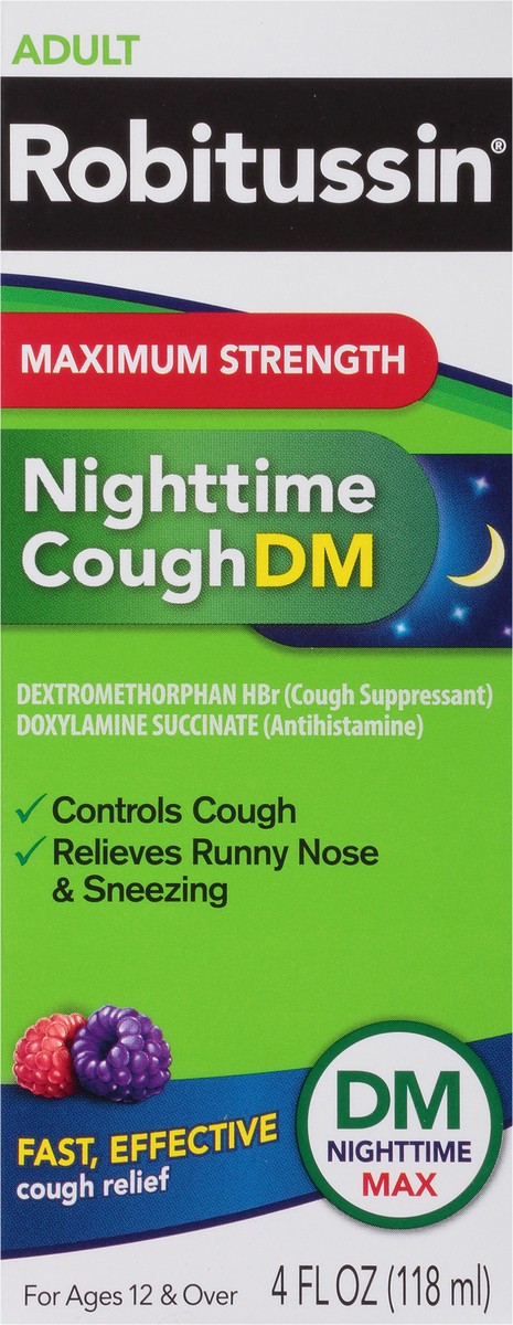 slide 9 of 9, Robitussin Maximum Strength Nighttime Cough DM, Cough Medicine for Adults, Berry Flavor - 4 Fl Oz Bottle, 4 fl oz